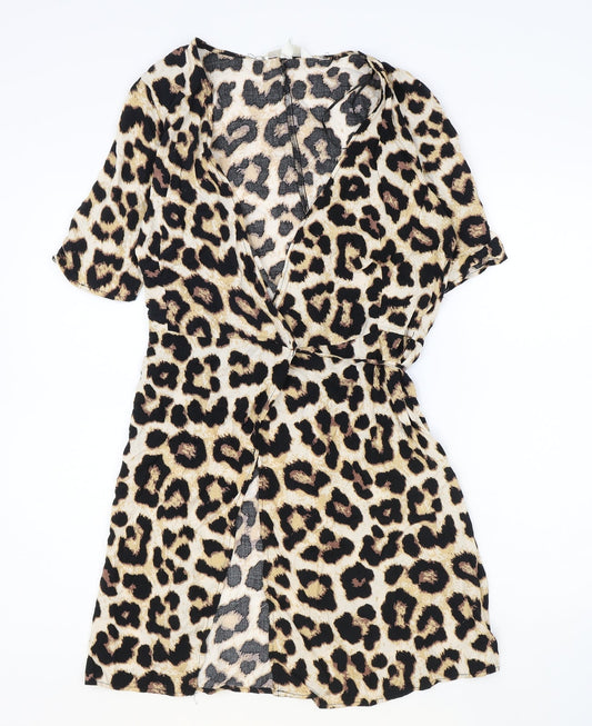 H&M Womens Brown Animal Print Viscose Wrap Dress Size XS V-Neck Tie - Leopard Print