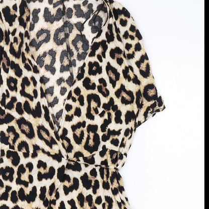 H&M Womens Brown Animal Print Viscose Wrap Dress Size XS V-Neck Tie - Leopard Print