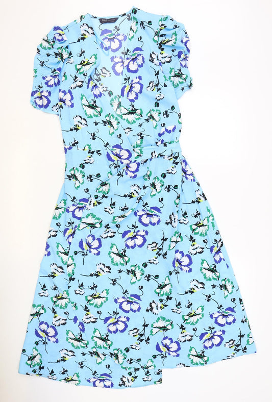 Marks and Spencer Womens Blue Floral Polyester Wrap Dress Size 8 V-Neck Tie