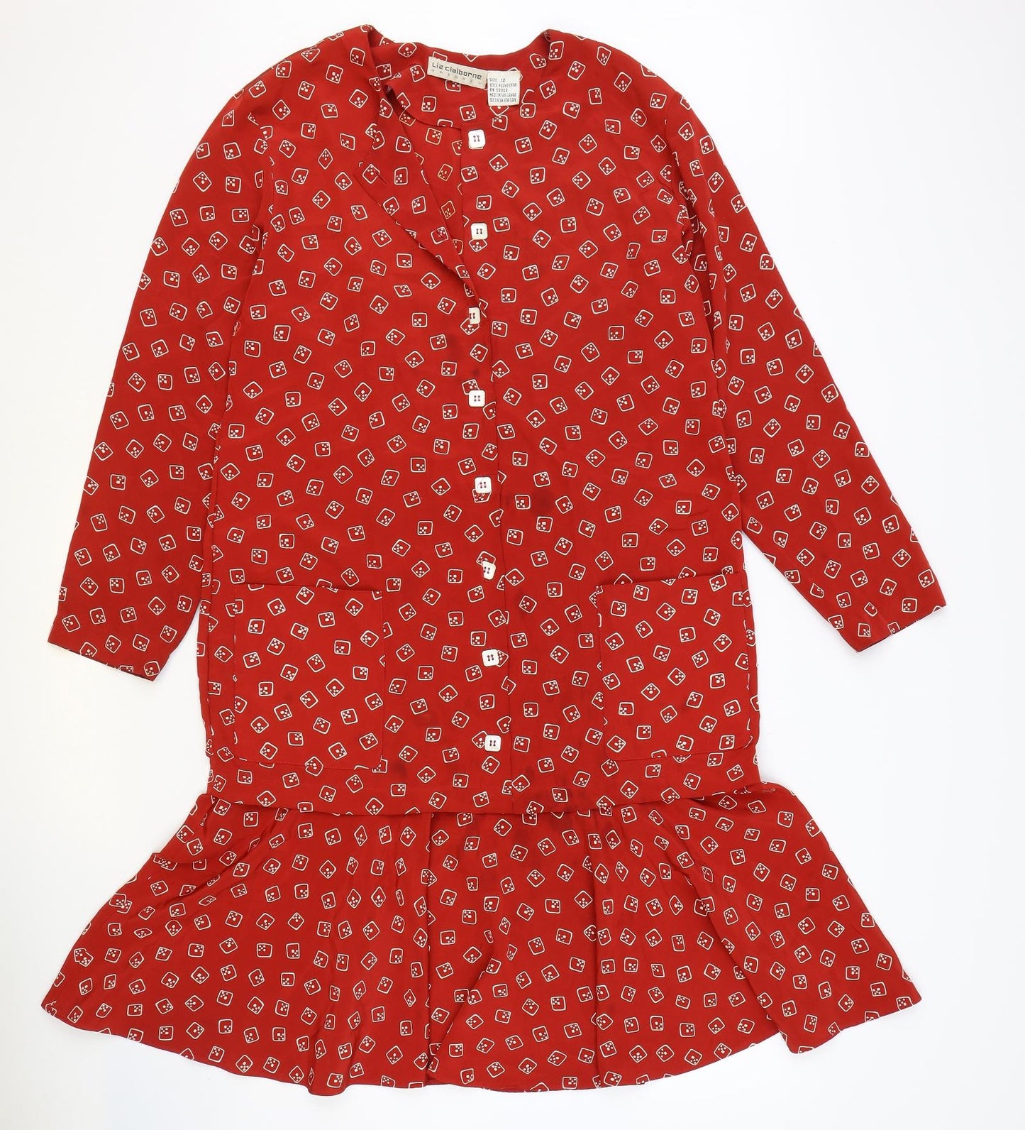 Liz Clayborne Womens Red Geometric Polyester Fit & Flare Size 12 Round Neck Button