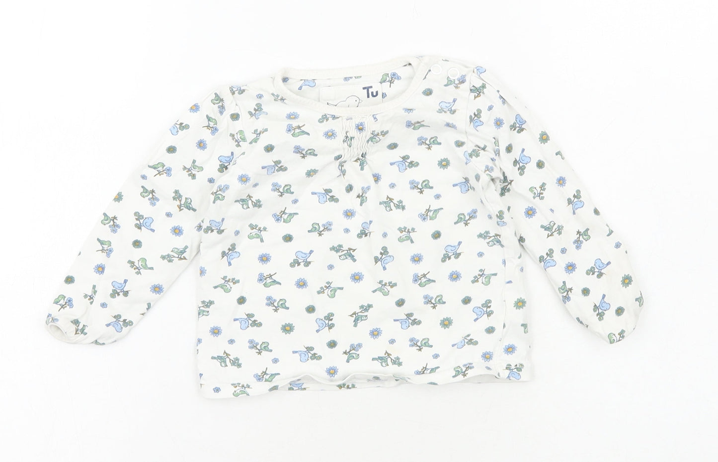 TU Girls White Floral Cotton Basic T-Shirt Size 6-9 Months Round Neck Pullover