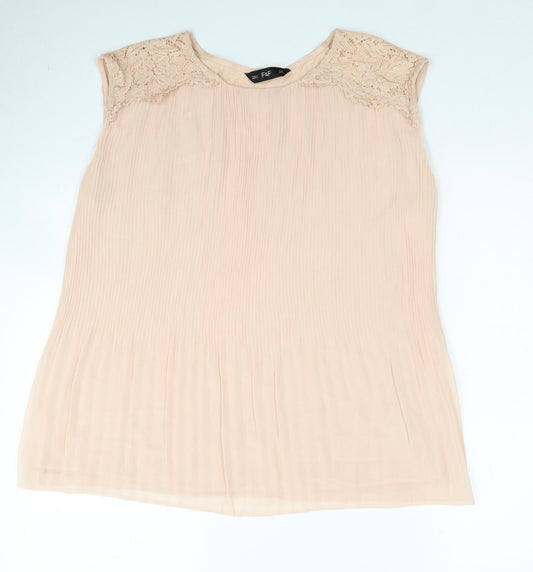 F&F Womens Beige Polyester Basic Blouse Size 12 Round Neck - Lace Detail