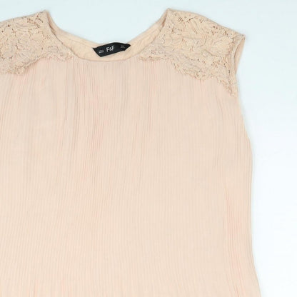 F&F Womens Beige Polyester Basic Blouse Size 12 Round Neck - Lace Detail