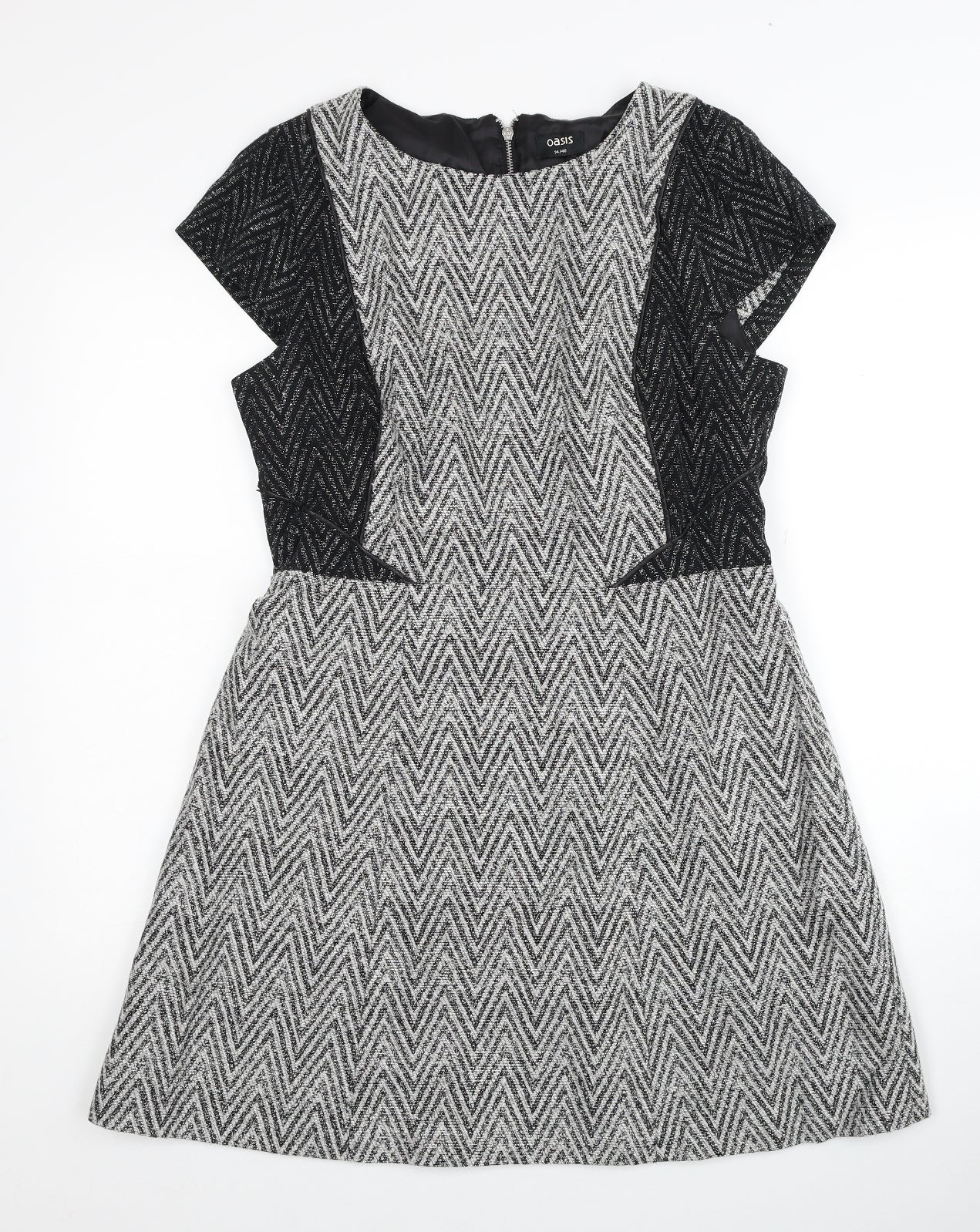 Oasis Womens Grey Geometric Cotton Fit & Flare Size 14 Round Neck Zip