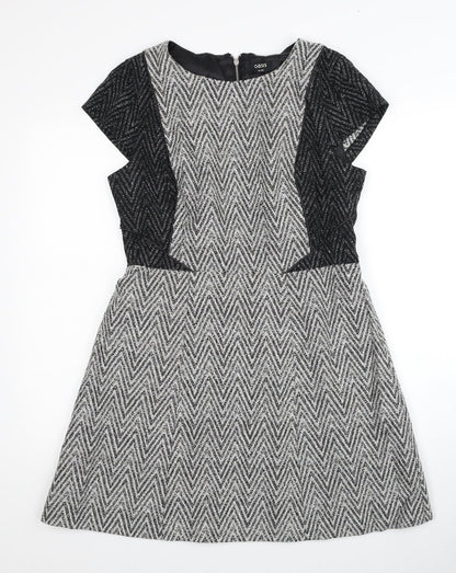 Oasis Womens Grey Geometric Cotton Fit & Flare Size 14 Round Neck Zip