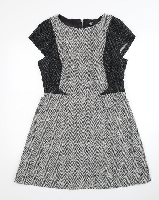 Oasis Womens Grey Geometric Cotton Fit & Flare Size 14 Round Neck Zip