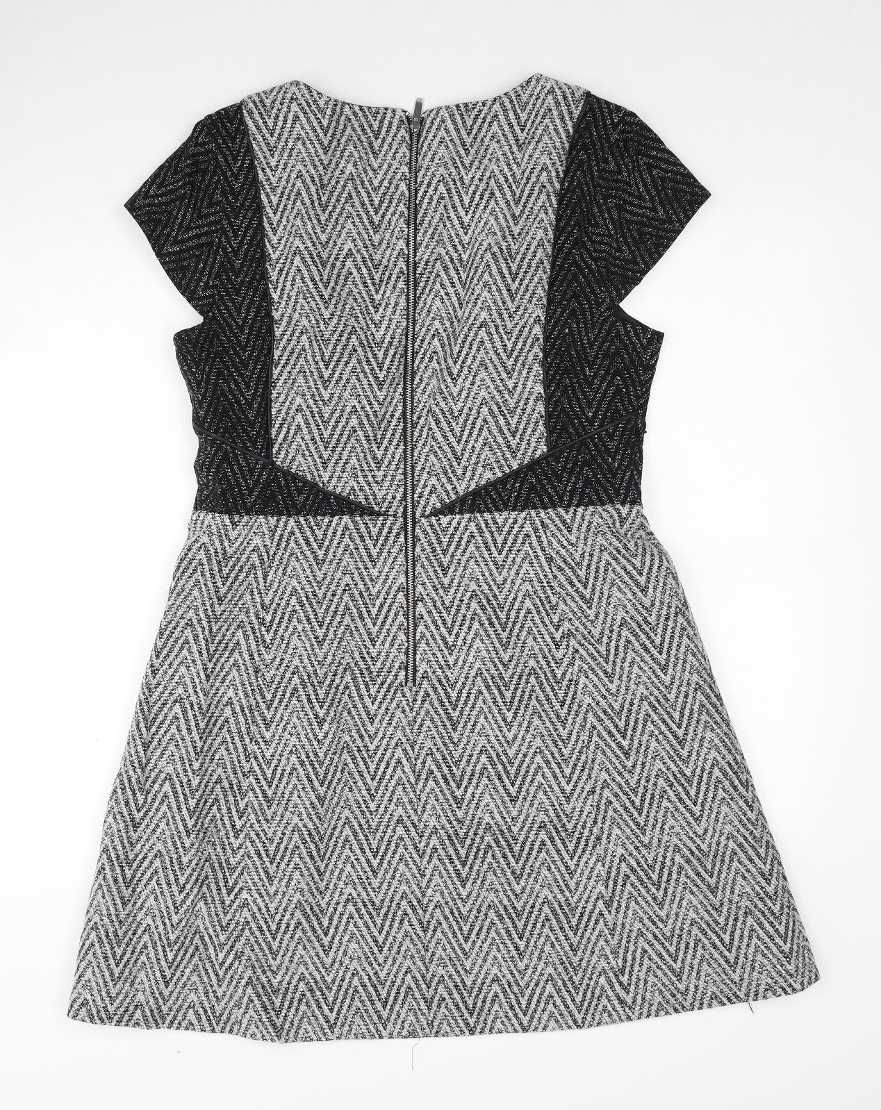 Oasis Womens Grey Geometric Cotton Fit & Flare Size 14 Round Neck Zip