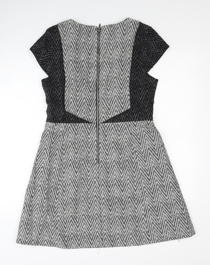 Oasis Womens Grey Geometric Cotton Fit & Flare Size 14 Round Neck Zip