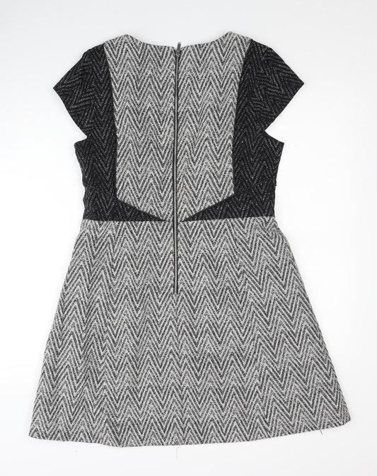 Oasis Womens Grey Geometric Cotton Fit & Flare Size 14 Round Neck Zip