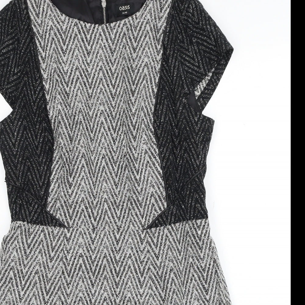 Oasis Womens Grey Geometric Cotton Fit & Flare Size 14 Round Neck Zip