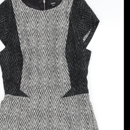 Oasis Womens Grey Geometric Cotton Fit & Flare Size 14 Round Neck Zip