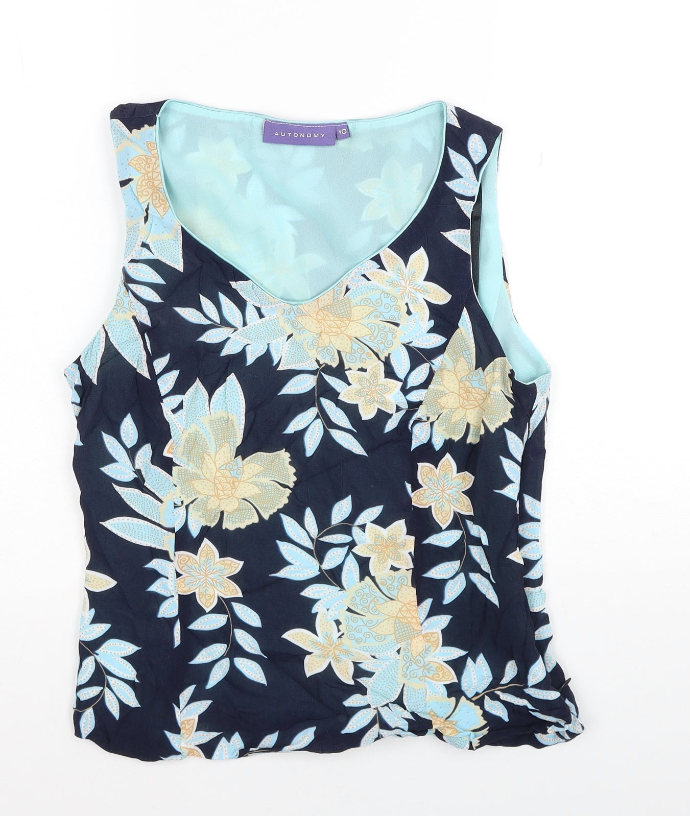 Autonomy Womens Blue Floral Viscose Basic Tank Size 10 V-Neck