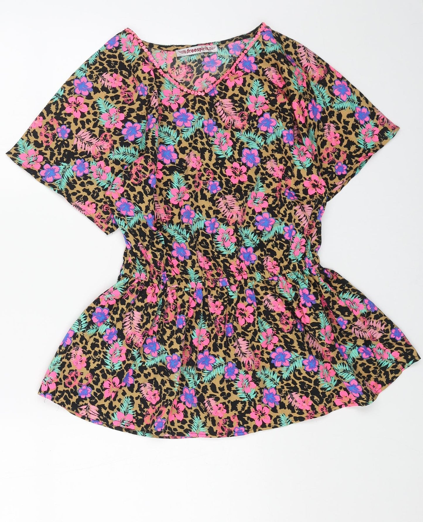 FREESPIRIT Girls Brown Floral Polyester Basic Blouse Size 9-10 Years V-Neck Pullover