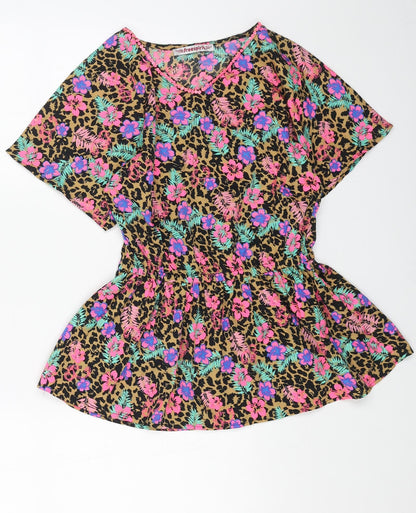 FREESPIRIT Girls Brown Floral Polyester Basic Blouse Size 9-10 Years V-Neck Pullover