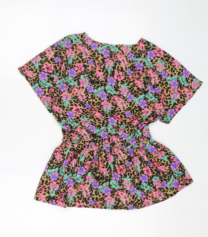 FREESPIRIT Girls Brown Floral Polyester Basic Blouse Size 9-10 Years V-Neck Pullover