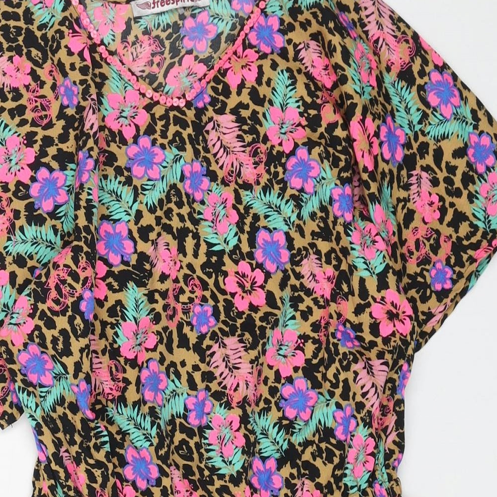 FREESPIRIT Girls Brown Floral Polyester Basic Blouse Size 9-10 Years V-Neck Pullover