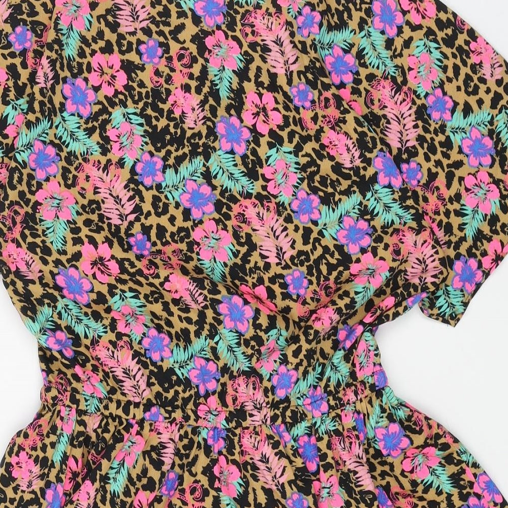 FREESPIRIT Girls Brown Floral Polyester Basic Blouse Size 9-10 Years V-Neck Pullover