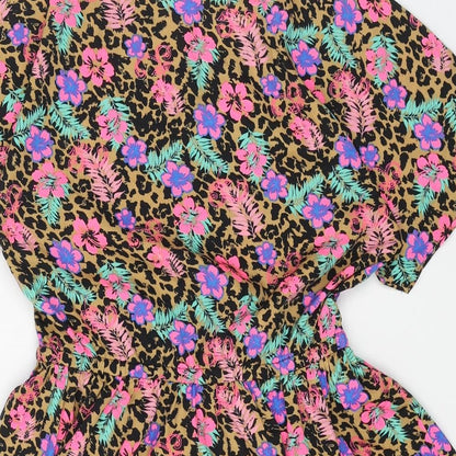 FREESPIRIT Girls Brown Floral Polyester Basic Blouse Size 9-10 Years V-Neck Pullover