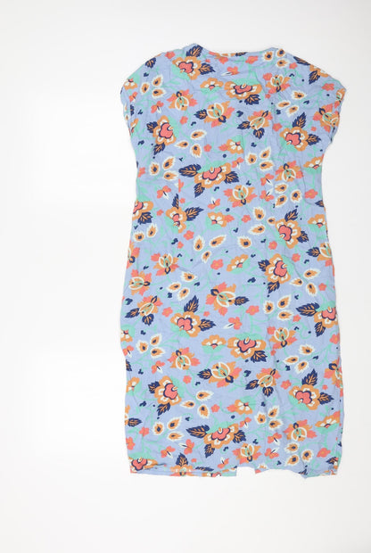Fever Womens Blue Floral Cotton T-Shirt Dress Size 12 Round Neck Button