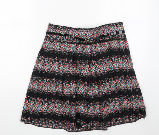 Dorothy Perkins Womens Black Floral Cotton Skater Skirt Size 10 Zip - Belt Inlcuded