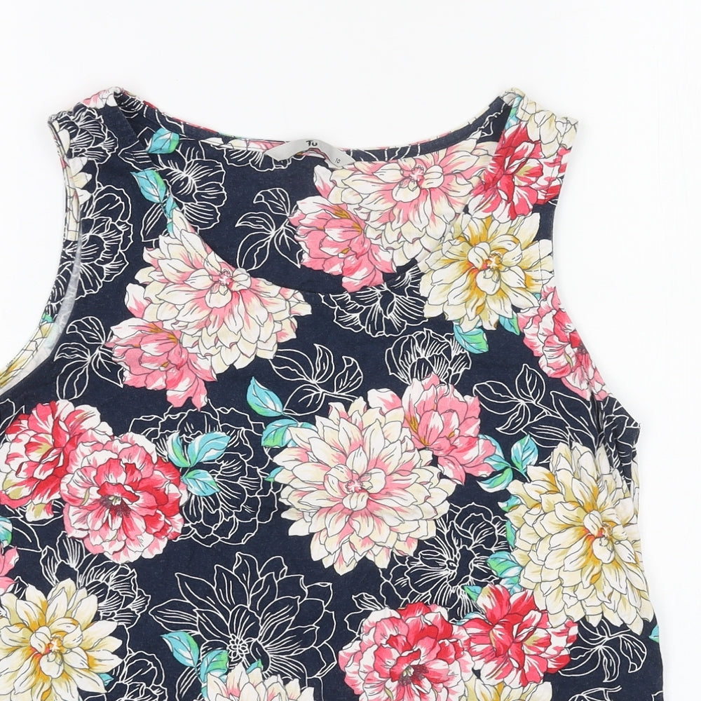TU Womens Blue Floral Cotton Basic Tank Size 10 Round Neck