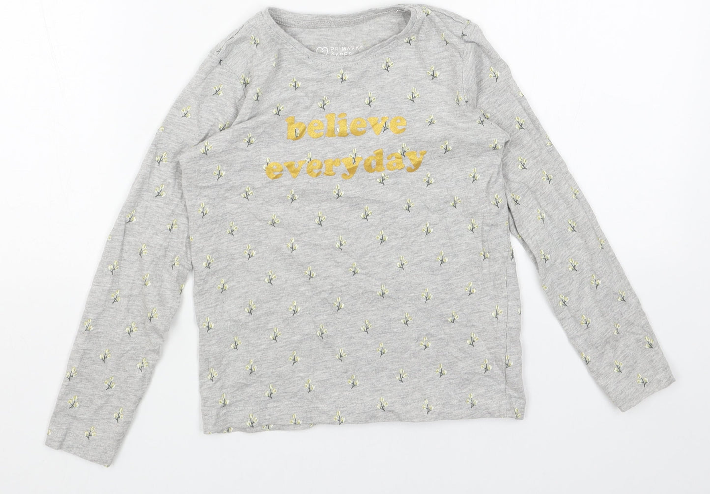 Primark Girls Grey Geometric Cotton Basic T-Shirt Size 7-8 Years Round Neck Pullover - Believe Everyday