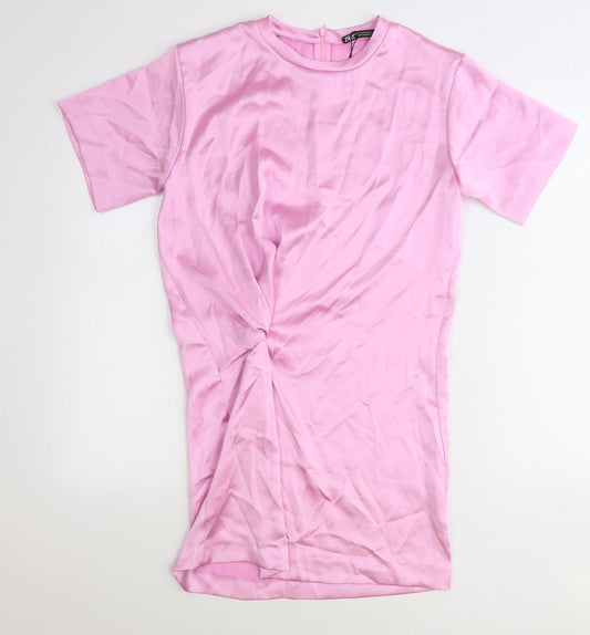 Zara Womens Pink Polyester T-Shirt Dress Size XS Round Neck Zip
