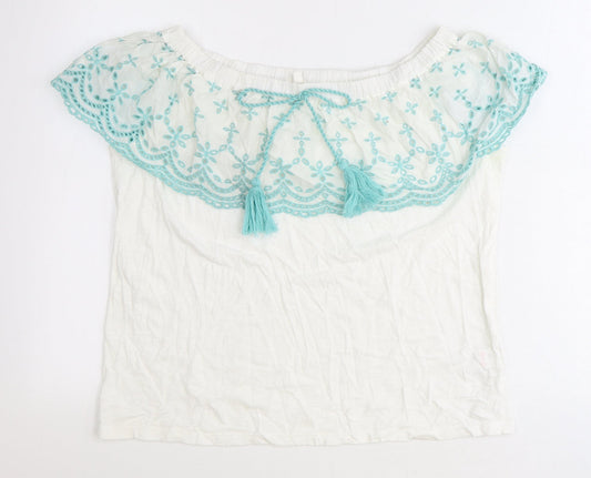 Falmer Heritage Womens White Geometric Cotton Basic Blouse Size 12 Off the Shoulder - Anglaise Detail