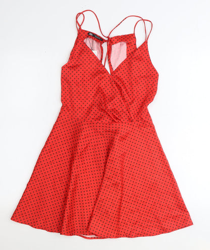 Zara Womens Red Polka Dot Polyester Fit & Flare Size S V-Neck Zip