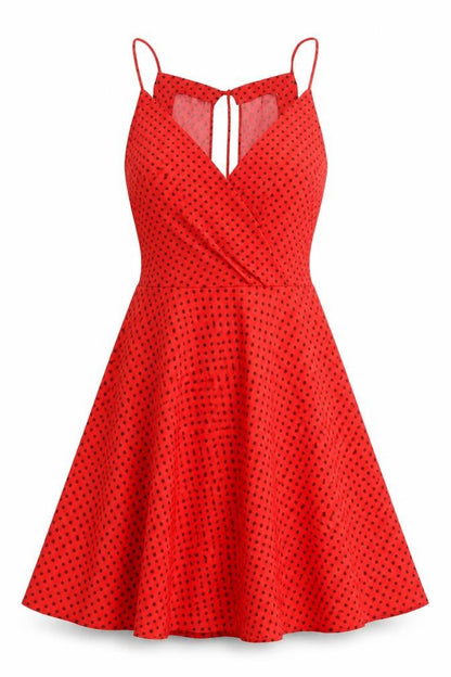 Zara Womens Red Polka Dot Polyester Fit & Flare Size S V-Neck Zip