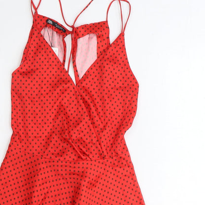 Zara Womens Red Polka Dot Polyester Fit & Flare Size S V-Neck Zip
