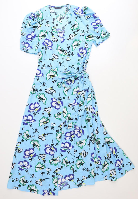 Marks and Spencer Womens Blue Floral Polyester Wrap Dress Size 10 V-Neck Zip