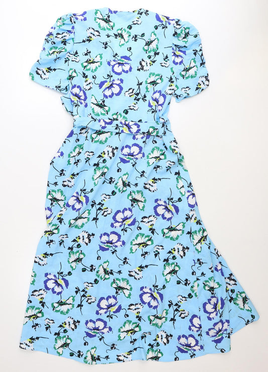 Marks and Spencer Womens Blue Floral Polyester Wrap Dress Size 10 V-Neck Zip