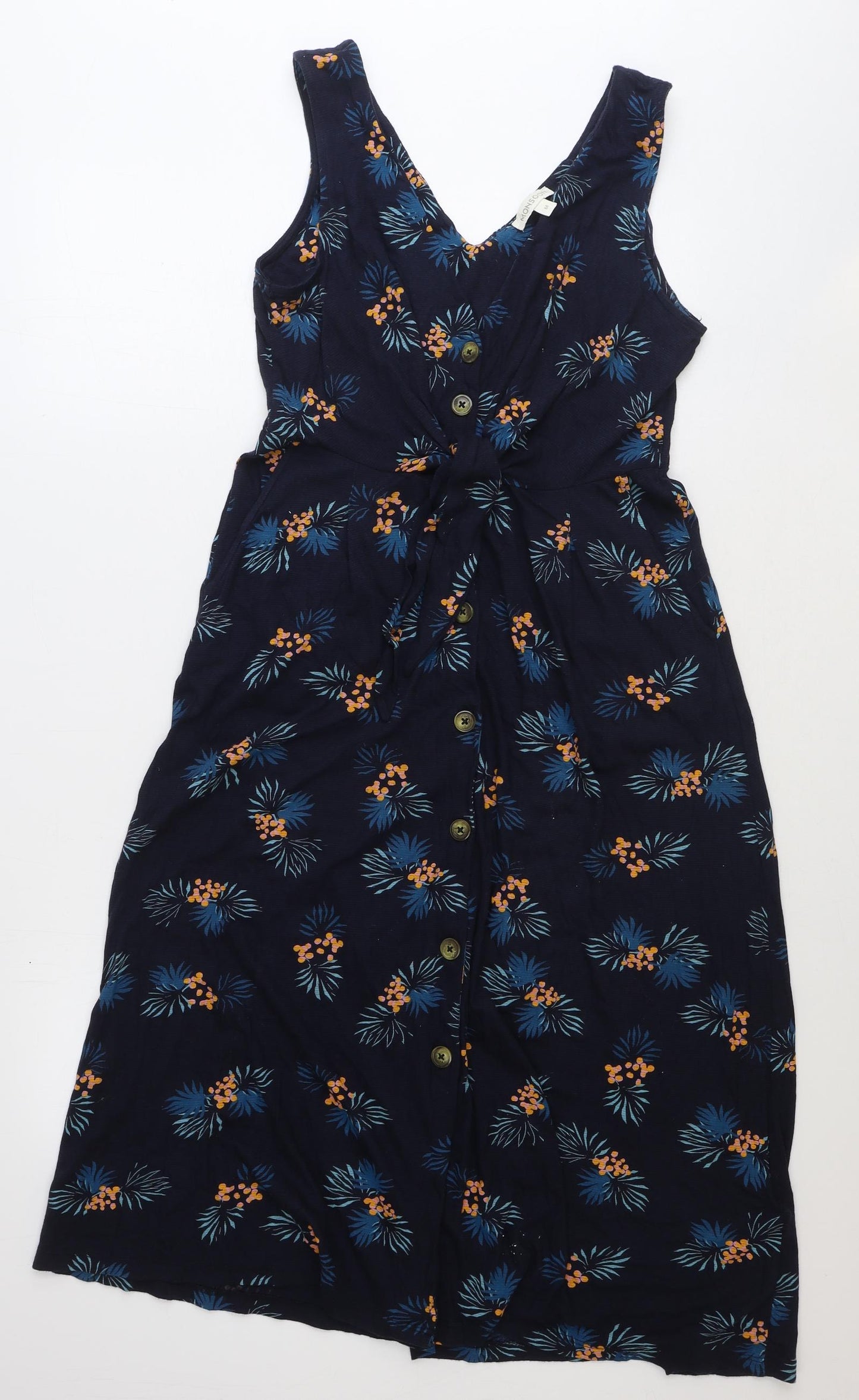 Monsoon Womens Blue Floral Cotton Fit & Flare Size M V-Neck Pullover