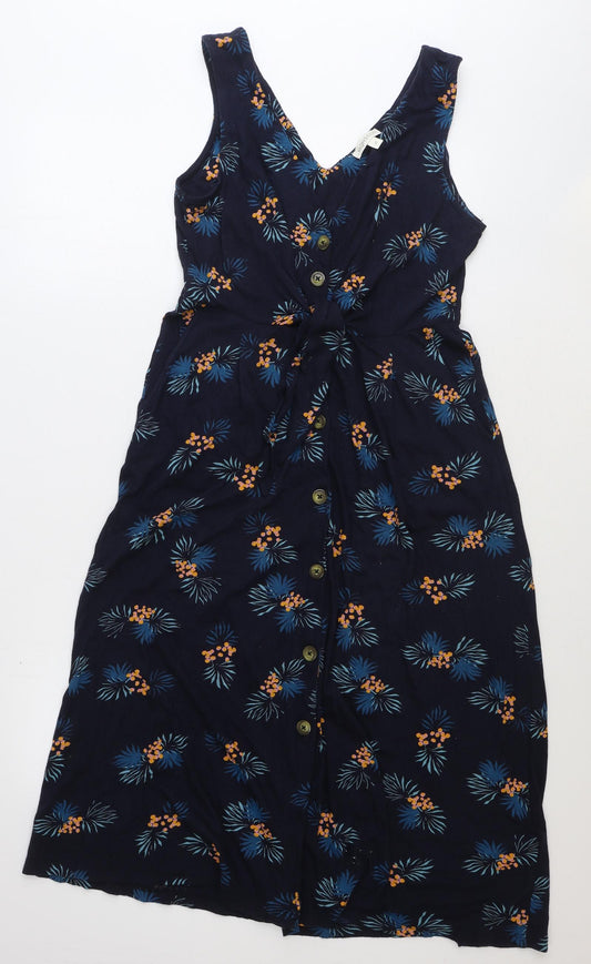 Monsoon Womens Blue Floral Cotton Fit & Flare Size M V-Neck Pullover