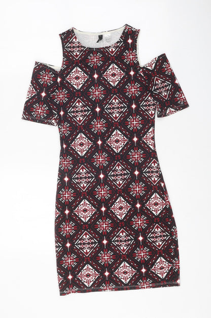 Divided Womens Multicoloured Floral Polyester Bodycon Size 6 Round Neck Pullover - Cold Shoulder
