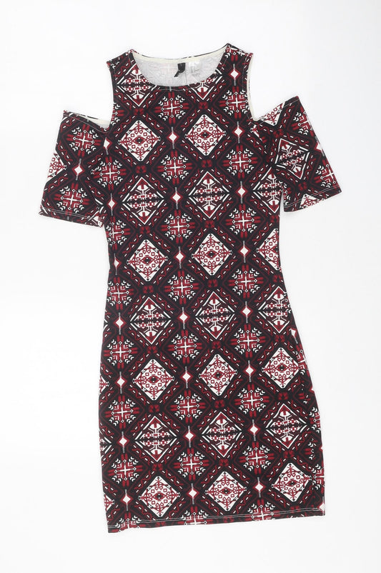 Divided Womens Multicoloured Floral Polyester Bodycon Size 6 Round Neck Pullover - Cold Shoulder