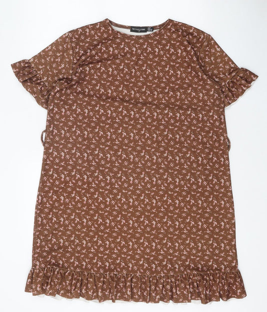 PRETTYLITTLETHING Womens Brown Geometric Polyester A-Line Size 10 Round Neck Pullover