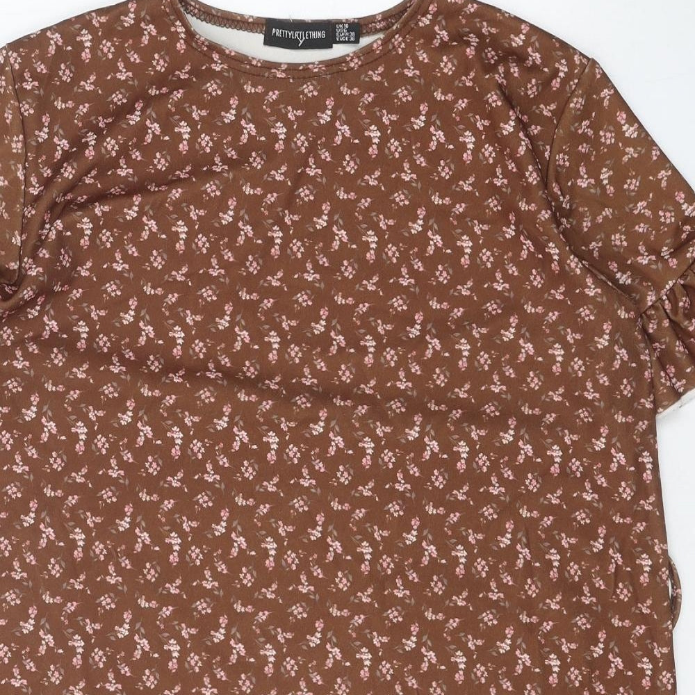 PRETTYLITTLETHING Womens Brown Geometric Polyester A-Line Size 10 Round Neck Pullover