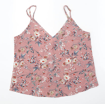 SheIn Womens Pink Floral Polyester Basic Tank Size L V-Neck