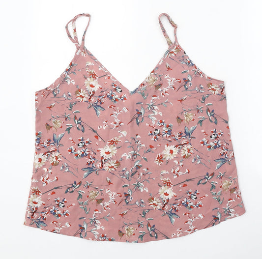 SheIn Womens Pink Floral Polyester Basic Tank Size L V-Neck