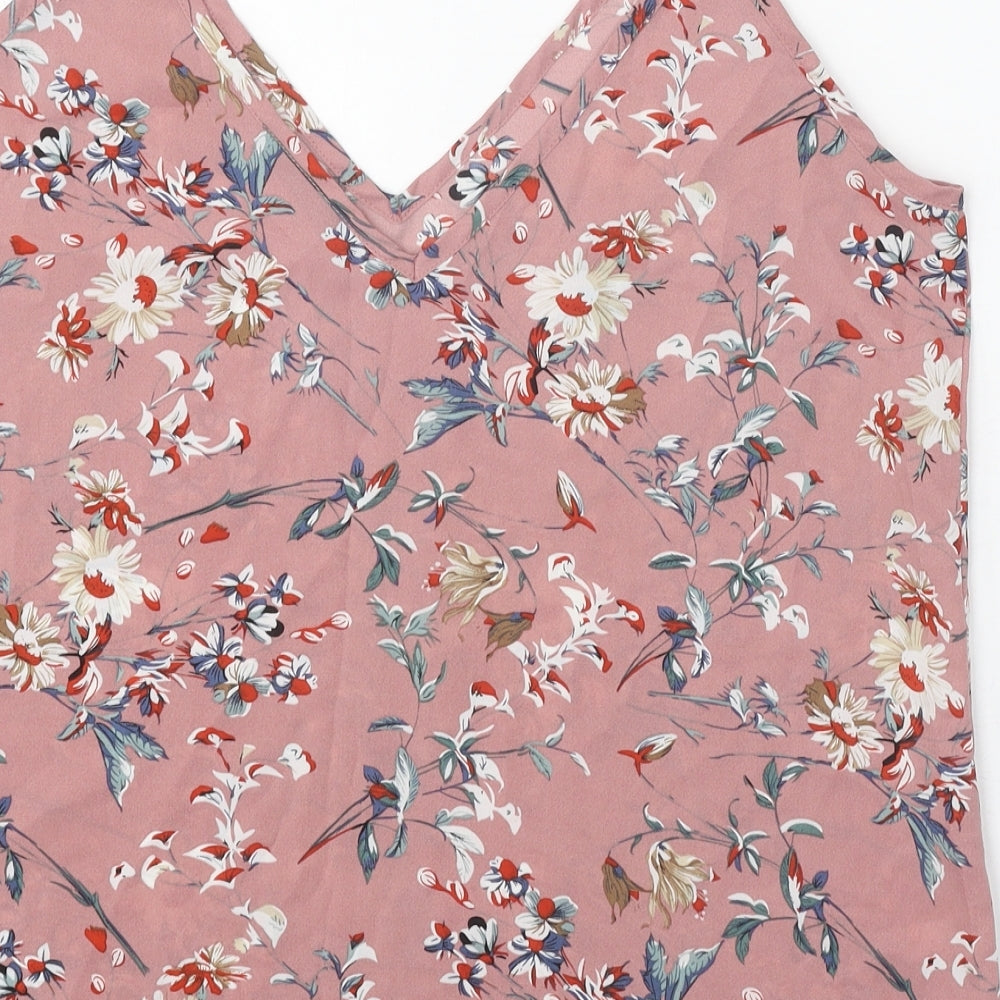 SheIn Womens Pink Floral Polyester Basic Tank Size L V-Neck