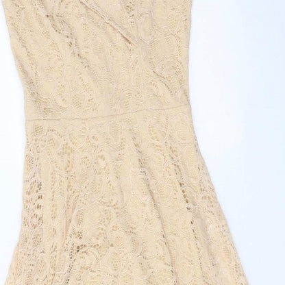 Homrain Womens Beige Floral Nylon Fit & Flare Size S Off the Shoulder Zip