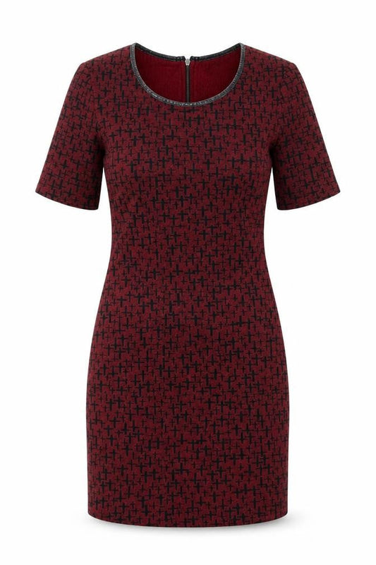 Topshop Womens Red Geometric Cotton Pencil Dress Size 10 Scoop Neck Zip - Cross Print, Leatherette Trim
