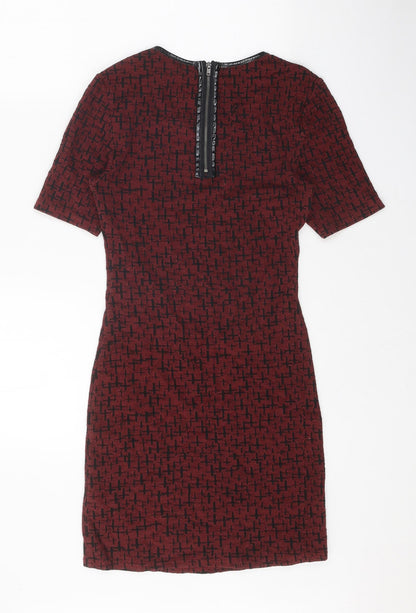 Topshop Womens Red Geometric Cotton Pencil Dress Size 10 Scoop Neck Zip - Cross Print, Leatherette Trim
