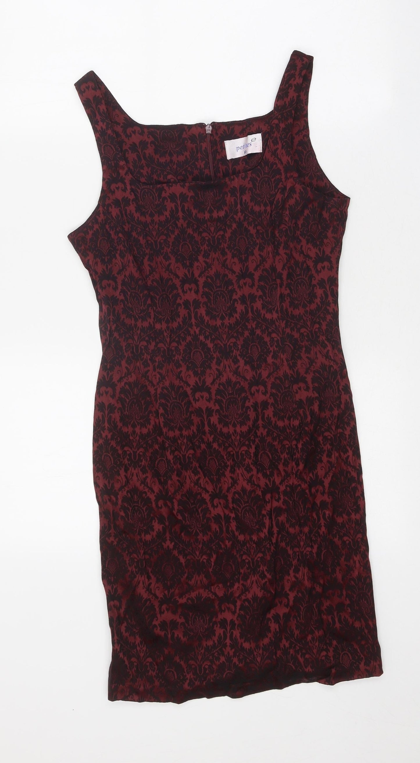 Petites Womens Red Geometric Viscose A-Line Size 10 Square Neck Zip
