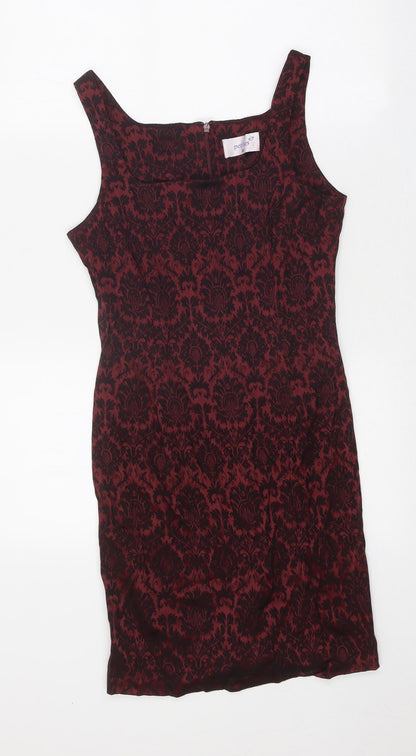 Petites Womens Red Geometric Viscose A-Line Size 10 Square Neck Zip
