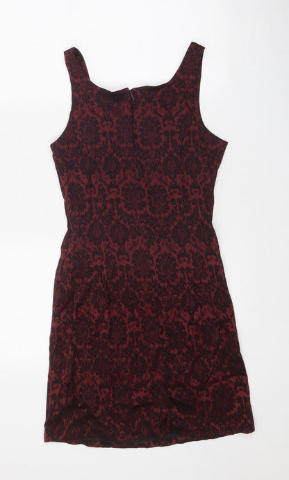 Petites Womens Red Geometric Viscose A-Line Size 10 Square Neck Zip