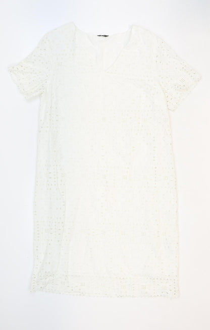 M&Co Womens White Floral 100% Cotton Sheath Size 12 V-Neck Pullover