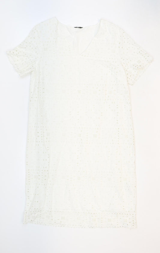 M&Co Womens White Floral 100% Cotton Sheath Size 12 V-Neck Pullover